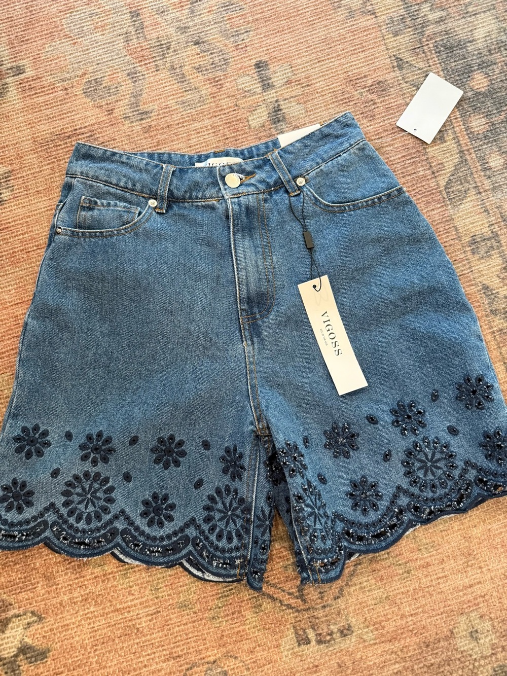 Vigoss Dark Blue Embroidered Scallop Hem Denim Shorts
